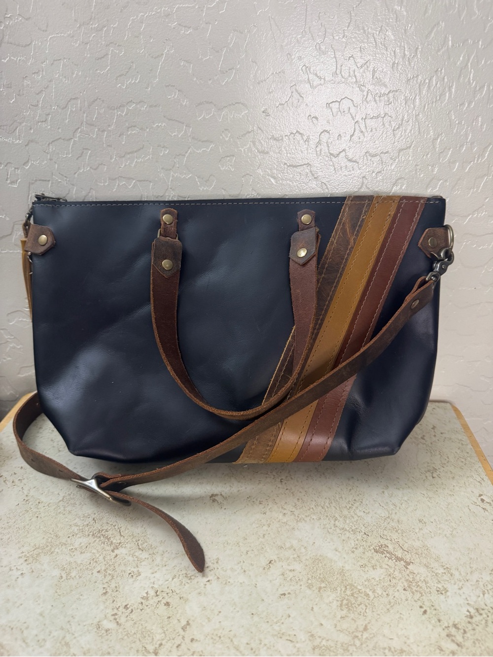 Women's Black Leather Tote with Brown Stripe Accents
